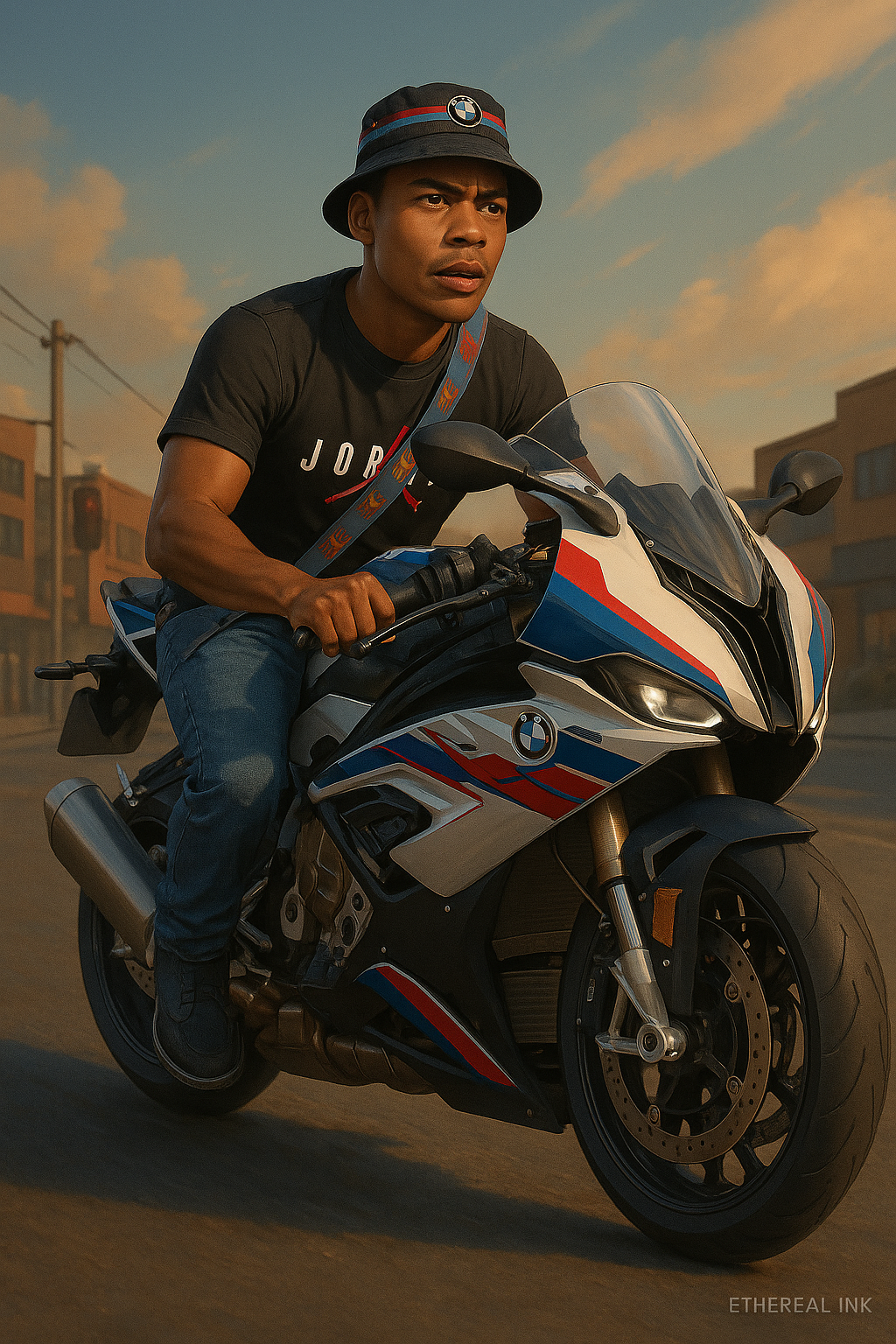 Titi riding a BMW